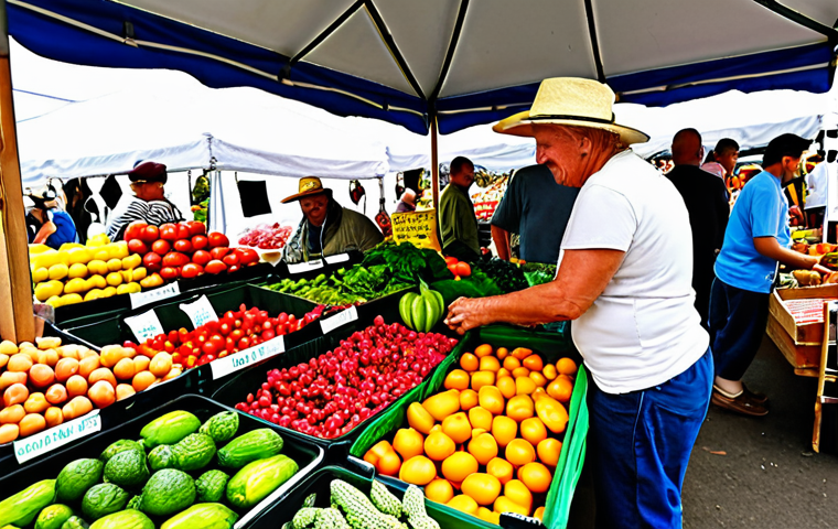 **Image of a Fresh Farmers Market:**
- "A vibrant farmers market filled with colorful, fresh produce. Local farmers display their seasonal fruits and vegetables, creating a lively atmosphere. People are interacting, selecting organic products, and enjoying the community spirit."
