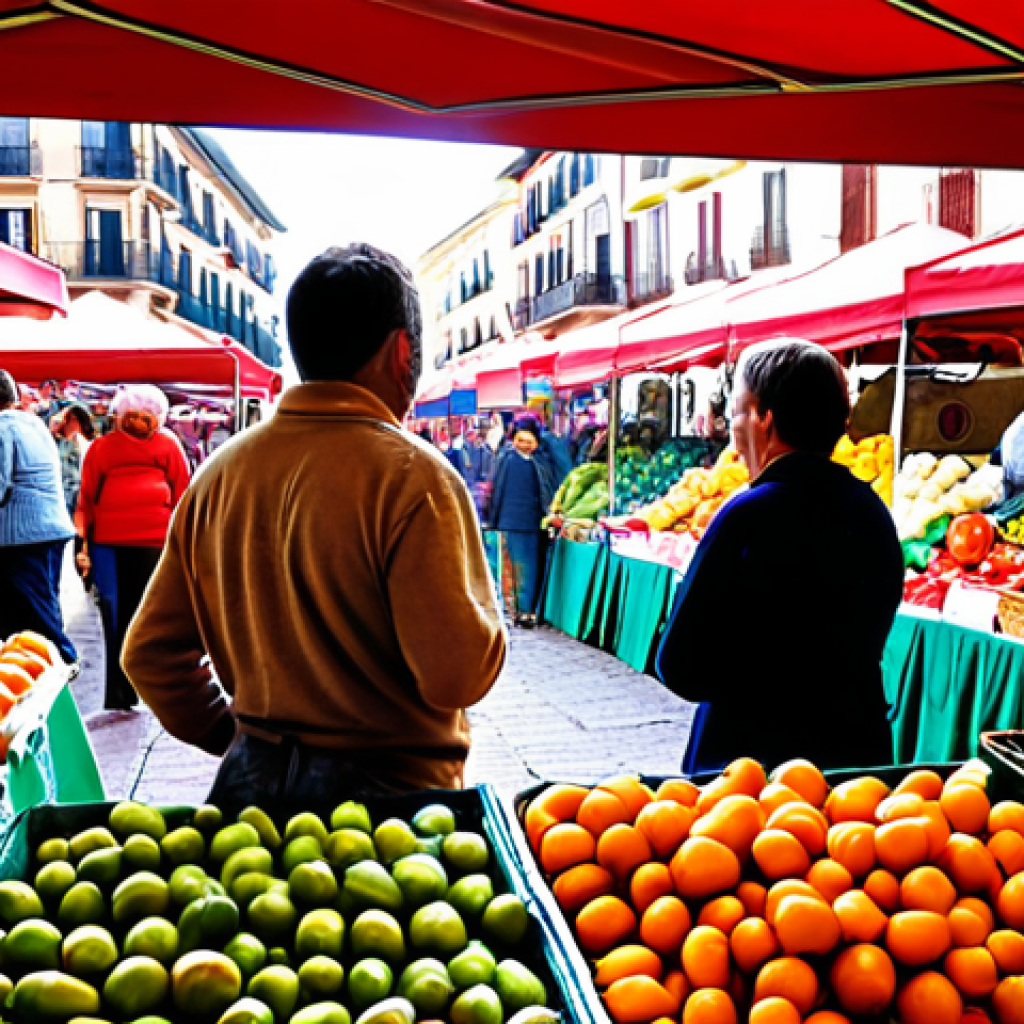 **A vibrant farmers market scene in Spain.** Focus on fresh, colorful, seasonal produce. Capture the lively atmosphere with vendors interacting with customers. Emphasize the connection to local, artisanal food production.