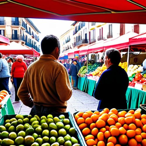 Home 15 **A vibrant farmers market scene in Spain.** Focus on fresh, colorful, seasonal produce. Capture the lively atmosphere with vendors interacting with customers. Emphasize the connection to local, artisanal food production.