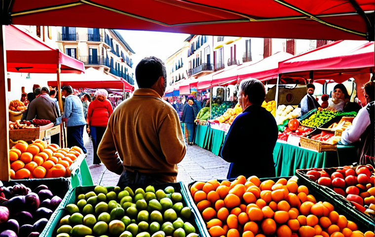 **A vibrant farmers market scene in Spain.** Focus on fresh, colorful, seasonal produce. Capture the lively atmosphere with vendors interacting with customers. Emphasize the connection to local, artisanal food production.