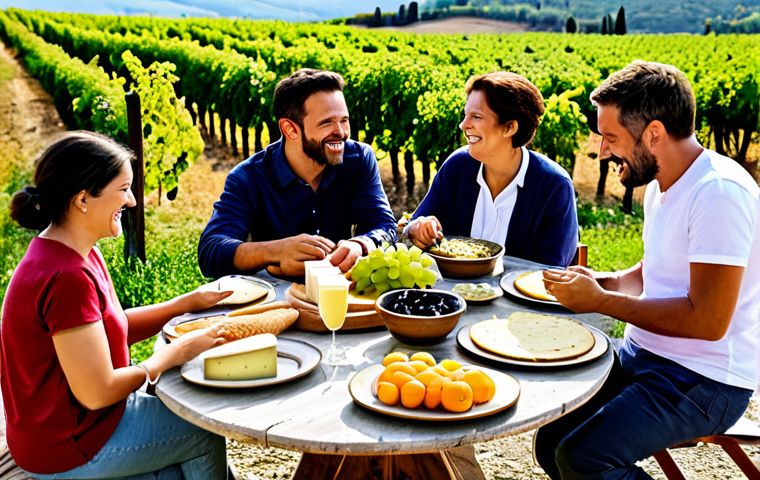 슬로우 푸드 관련 블로그 운영하기 - **
A group of diverse friends gathered around a rustic wooden table in a sun-drenched Italian count...