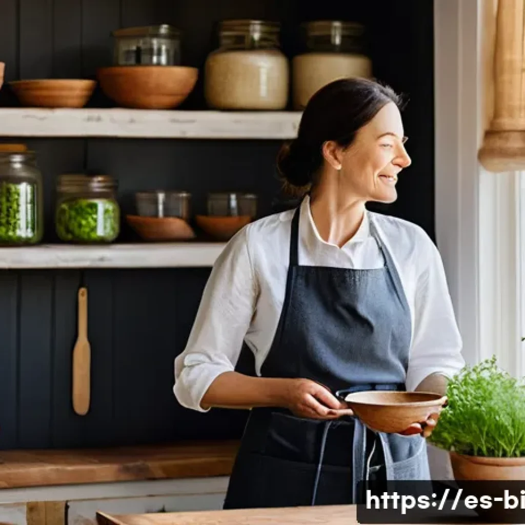 슬로우 푸드를 통한 식생활 개선 사례 - **Prompt:** A serene, sun-drenched kitchen with a woman in her late 30s, dressed in a comfortable, m...