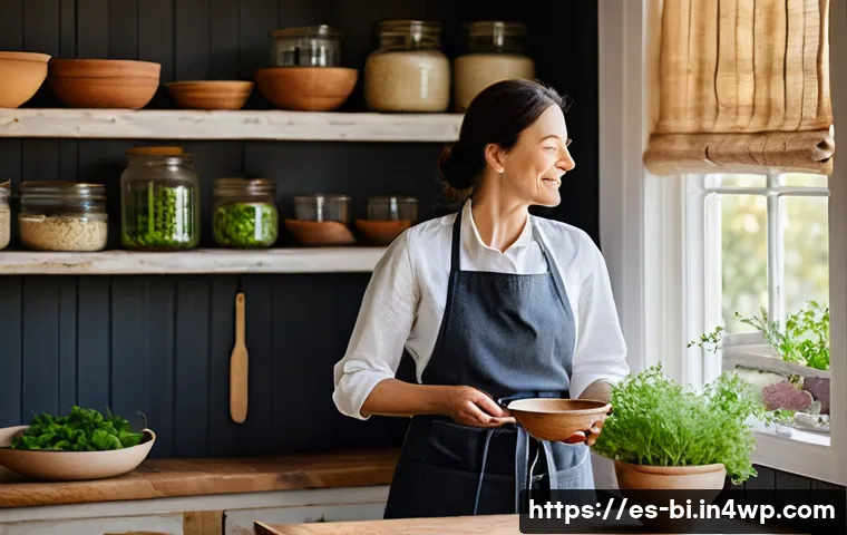 슬로우 푸드를 통한 식생활 개선 사례 - **Prompt:** A serene, sun-drenched kitchen with a woman in her late 30s, dressed in a comfortable, m...