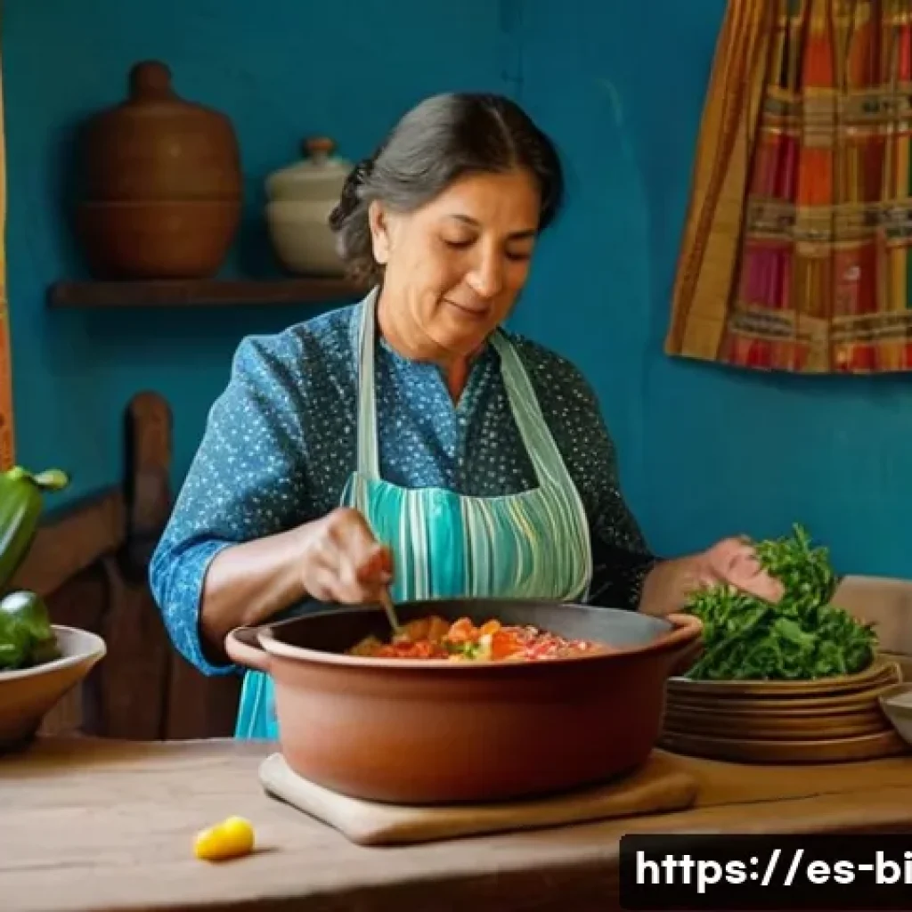 슬로우 푸드와 요리의 즐거움 - A warm, rustic kitchen scene featuring a middle-aged Hispanic woman slowly stirring a rich vegetable...