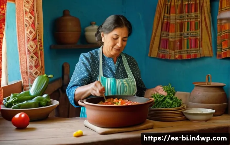 슬로우 푸드와 요리의 즐거움 - A warm, rustic kitchen scene featuring a middle-aged Hispanic woman slowly stirring a rich vegetable...