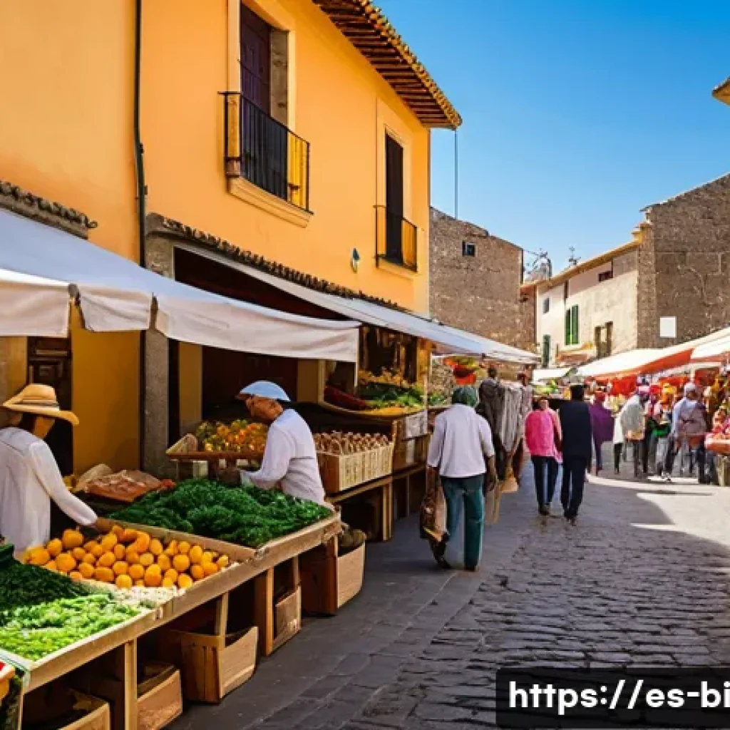 슬로우 푸드와 지역 문화의 기여 - A vibrant local farmers&rsquo; market scene in a sunny Spanish village, with colorful stalls overflowing w...