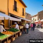 Home 21 슬로우 푸드와 지역 문화의 기여 - A vibrant local farmers’ market scene in a sunny Spanish village, with colorful stalls overflowing w...