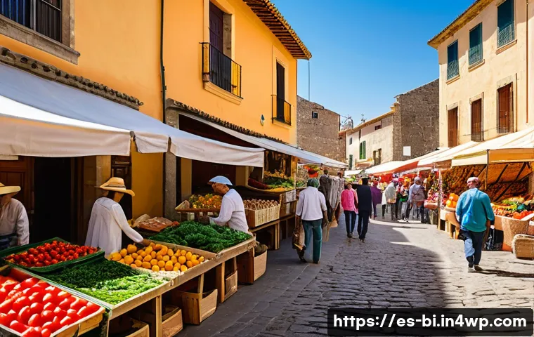 슬로우 푸드와 지역 문화의 기여 - A vibrant local farmers’ market scene in a sunny Spanish village, with colorful stalls overflowing w...