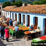 Home 20 슬로우 푸드 운동을 통한 지역 사회 활성화 - A vibrant local farmers' market scene in a small Spanish village during late morning, featuring arti...