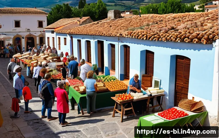 슬로우 푸드 운동을 통한 지역 사회 활성화 - A vibrant local farmers' market scene in a small Spanish village during late morning, featuring arti...