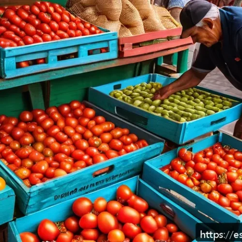 Home 30 슬로우 푸드를 위한 식재료 선택법 - A vibrant local Spanish market scene featuring a wooden stall brimming with seasonal tomatoes. The t...