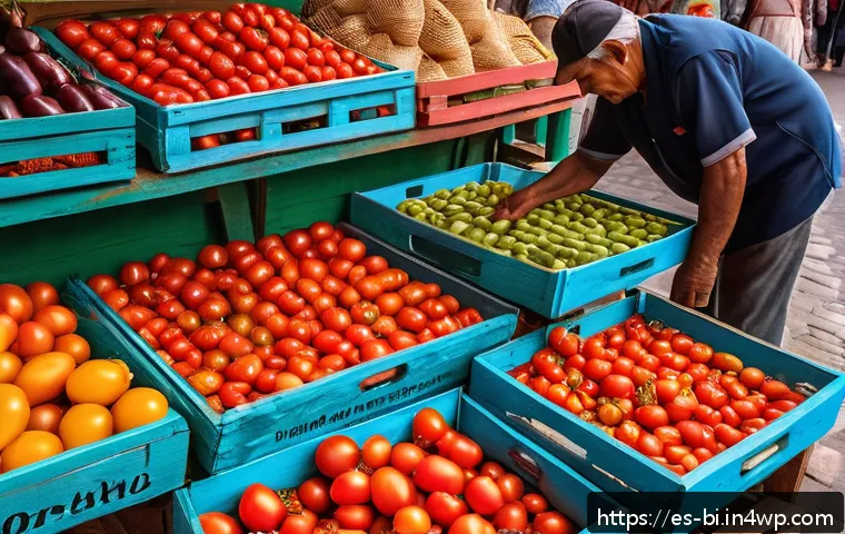 슬로우 푸드를 위한 식재료 선택법 - A vibrant local Spanish market scene featuring a wooden stall brimming with seasonal tomatoes. The t...