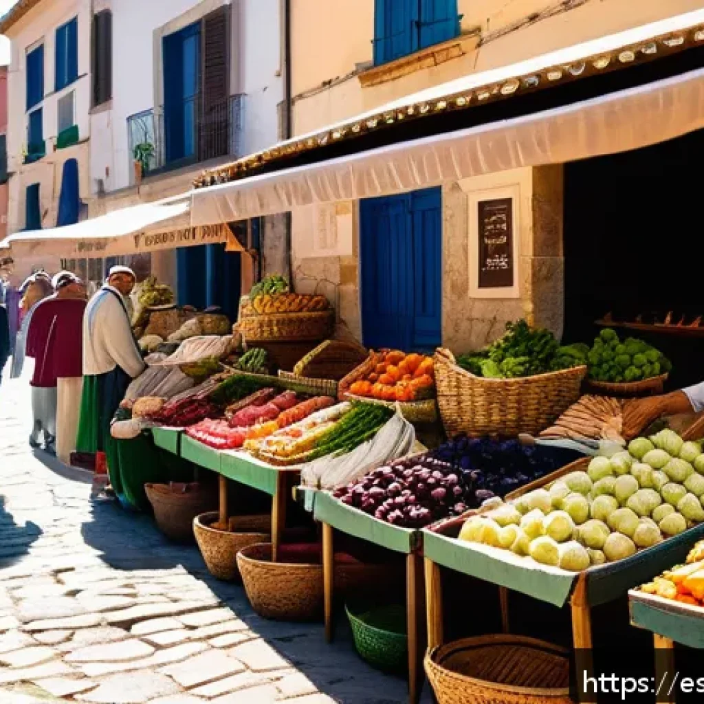 슬로우 푸드와 지속 가능한 관광 - A vibrant open-air market scene in a traditional Spanish village during early morning, with local ve...