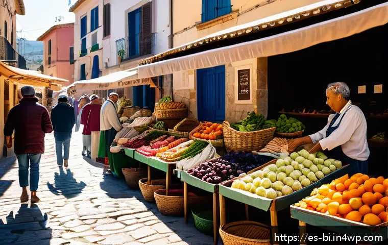 슬로우 푸드와 지속 가능한 관광 - A vibrant open-air market scene in a traditional Spanish village during early morning, with local ve...