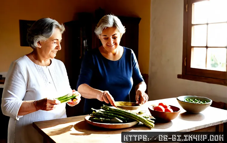 슬로우 푸드와 계절별 식재료 활용법 - Photorealistic slow food kitchen scene in a sunlit Spanish countryside home, an older couple and adu...