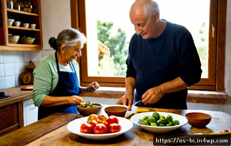 슬로우 푸드의 새로운 트렌드 - Photorealistic slow food trend scene in a sunlit Spanish farmhouse kitchen, an older couple and youn...