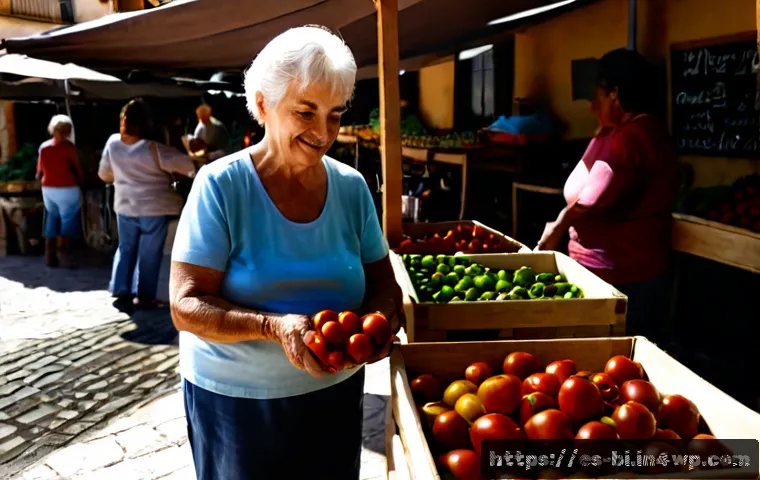 슬로우 푸드의 기본 원칙 이해하기 - Photorealistic sunlit Spanish farmers’ market, an elderly woman and young adult selecting ripe seaso...